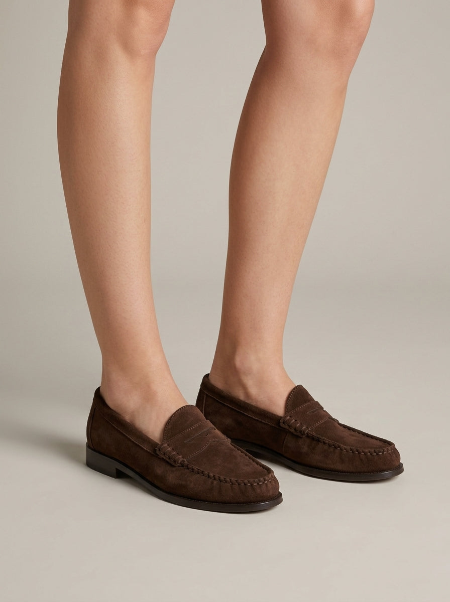 Women's Penny Loafers - Suede - Moccasin Stitching - Slip-On