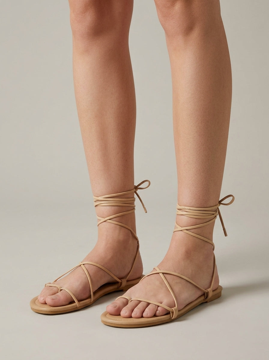 Women's Lace-Up Toe Ring Sandals - Flat - Strappy Ankle Tie - Open Toe