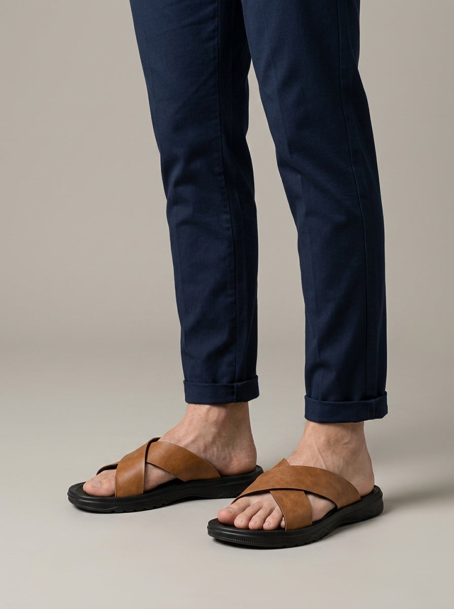 Men's Open Toe Crisscross Slide Sandals with Textured Footbed