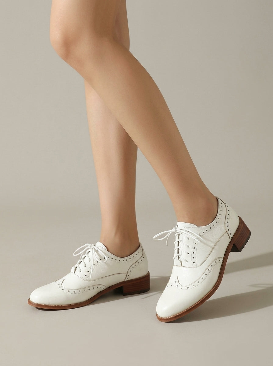 Women's Wingtip Brogue Oxford Shoes with Lace-Up and Low Block Heel