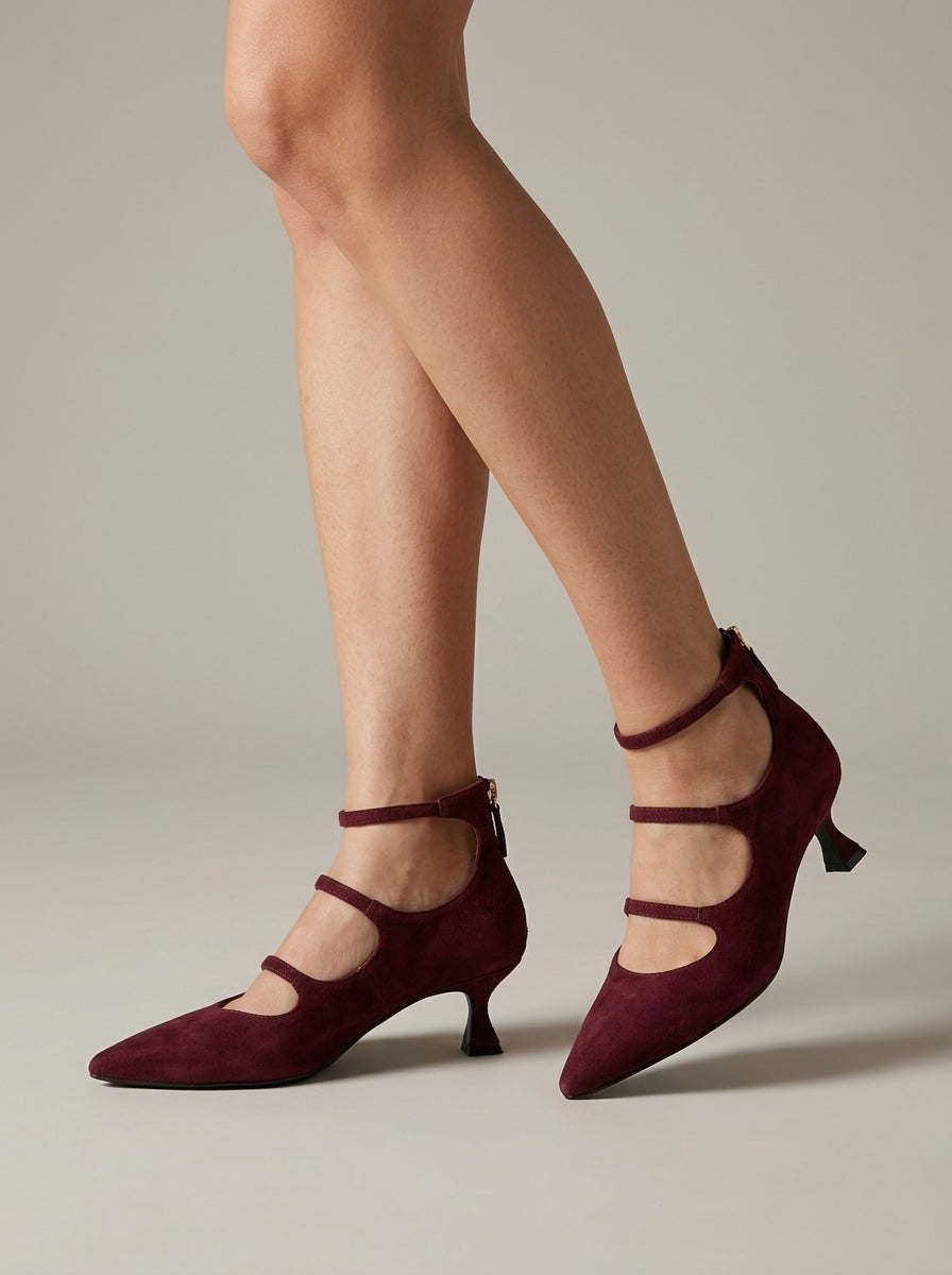 Women's Heels - Pointed Toe - Kitten Heel - Ankle Strap Cutout