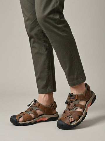 Men's Sandals Leather Strappy Hook-and-Loop Closure Rubber Sole