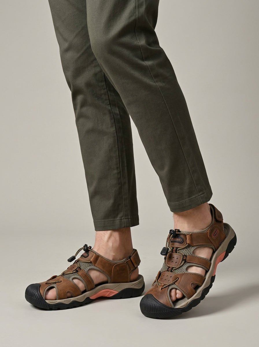 Men's Sandals Leather Strappy Hook-and-Loop Closure Rubber Sole