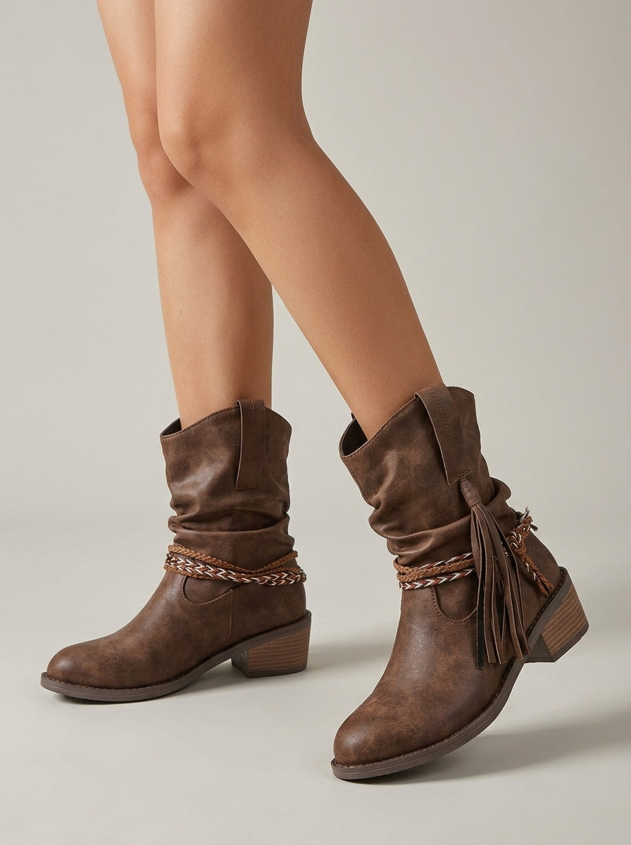 Women's Ankle Boots Mid-Calf Slouch Block Heel Tassel Wrap Detail
