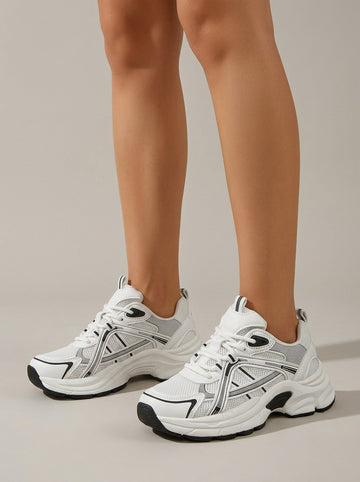 Women's Chunky Sneakers – Lace-Up Low Top with Mesh Upper - Platform Sole