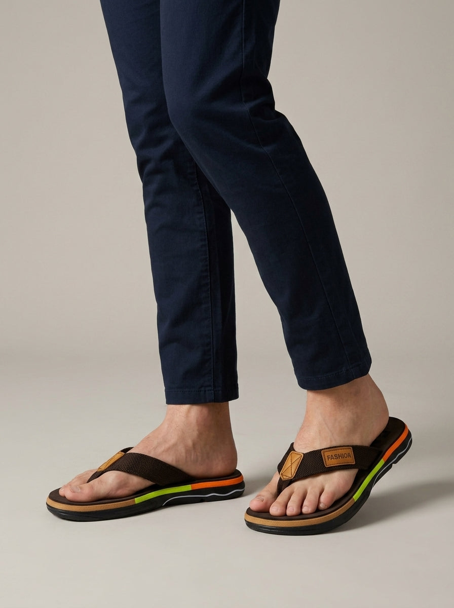 Men's Thong Flip Flop Sandals with Striped Sole and Logo Patch