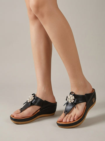Women's Wedge Thong Sandals with Bow and Pearl Embellishment