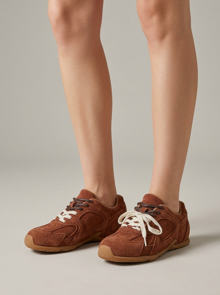 Women's Retro Lace-Up Sneakers - Mixed Material Low-Top