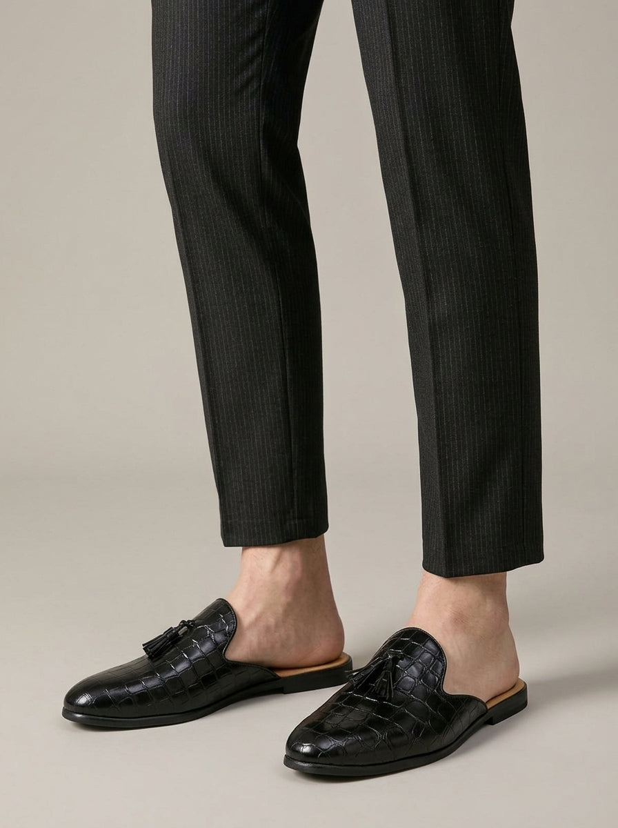 Men’s Croc-Embossed Leather Slip-On Mule Loafers - Tassel Detail