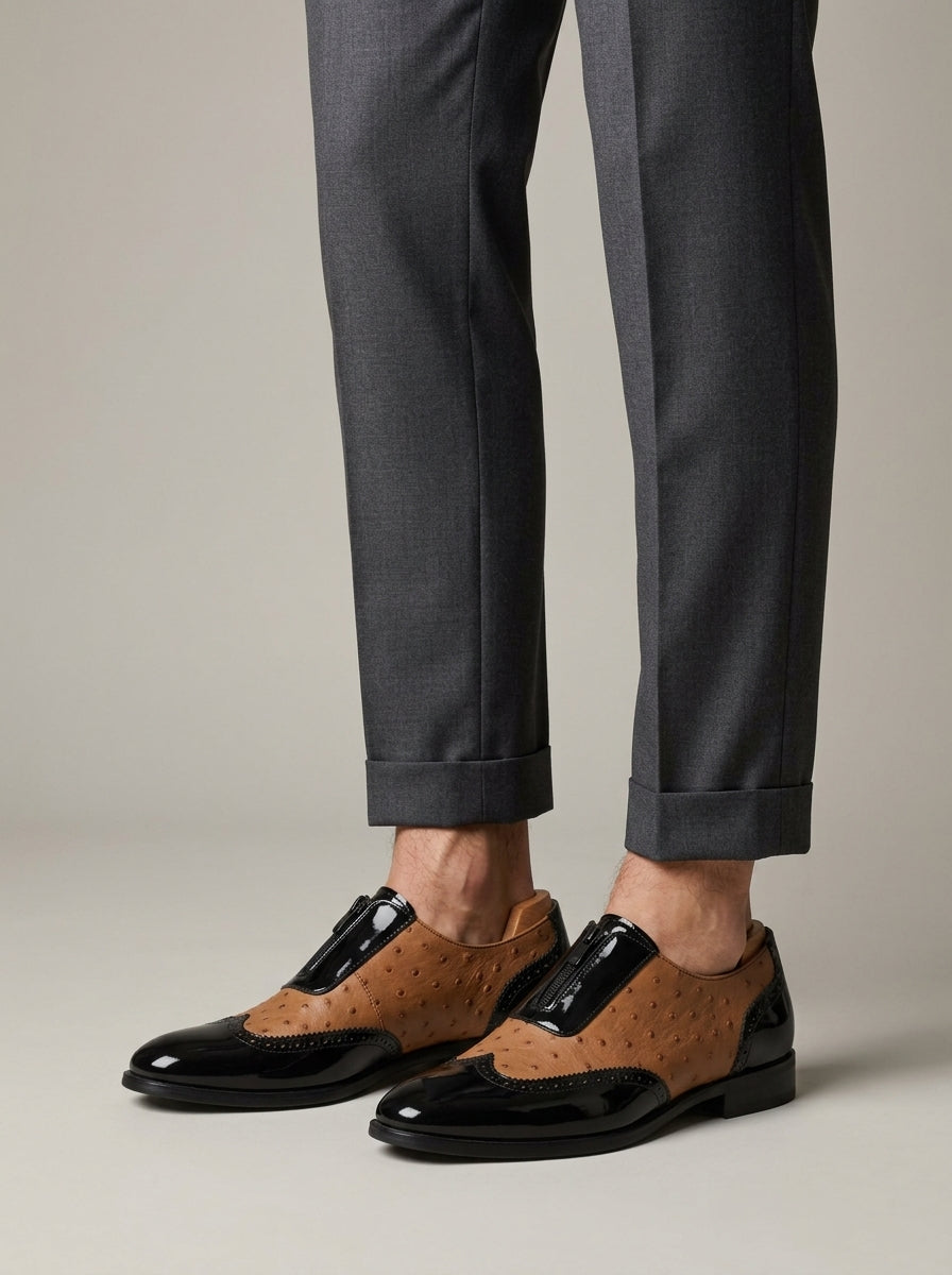 Men's Oxford Wingtip Zipper Closure Ostrich-Embossed Patent Leather