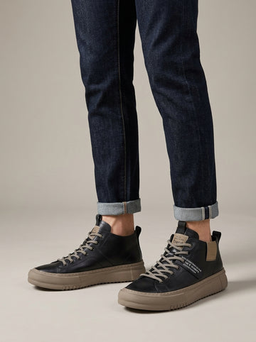 Men's Leather Mid-Top Lace-Up High Tops with Contrasting Tab