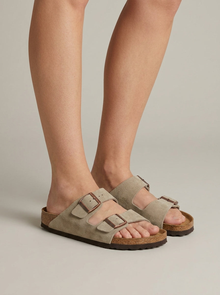 Women's Suede Sandals Cork Footbed - Two Strap Buckle Closure Flat Sole