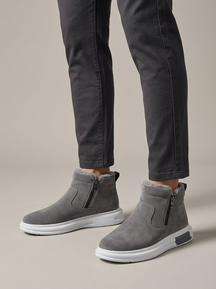 Men's Ankle Boots - Fur-Lined - Side Zip - Rounded Toe - Flat Sole