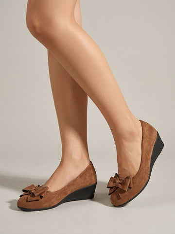 Women's Wedge Flats Round Toe Slip-On Loafers with Bow Detail