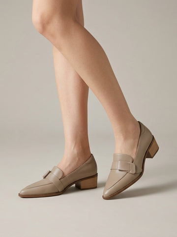 Women's Pointed Toe Sheepskin Loafers with Chunky Heel