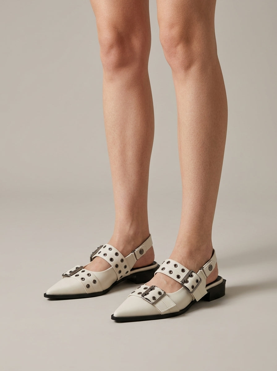 Women's Leather Slingback Heels with Double Buckle Eyelet Strap