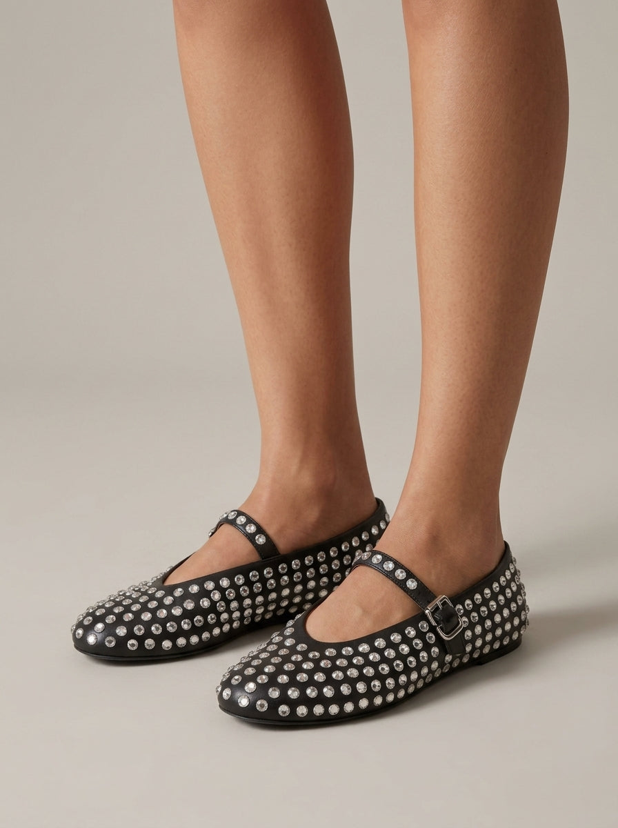 Women's Mary Jane Studded Crystal Embellished Ballet Flats