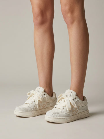 Women's Low-Top Sneakers with Distressed Textile Panels
