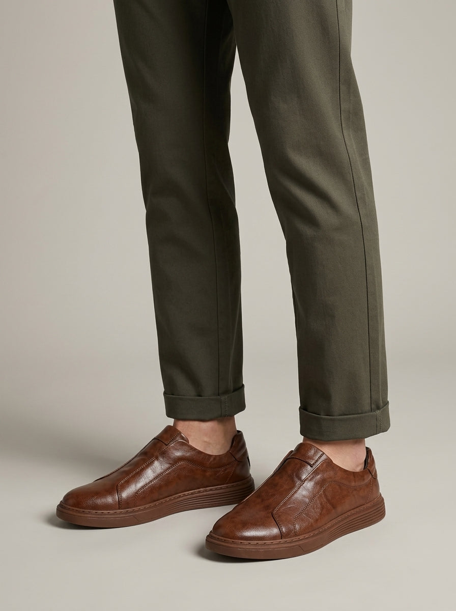 Men's Leather Slip-On Sneakers with Round Toe and Ridged Sole