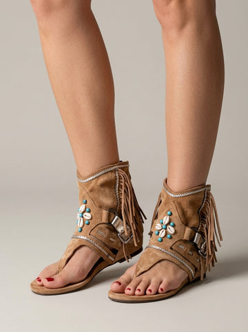 Women's Cowboy Fringe Thong Sandals with Beaded Ankle Cuff and Flat Sole