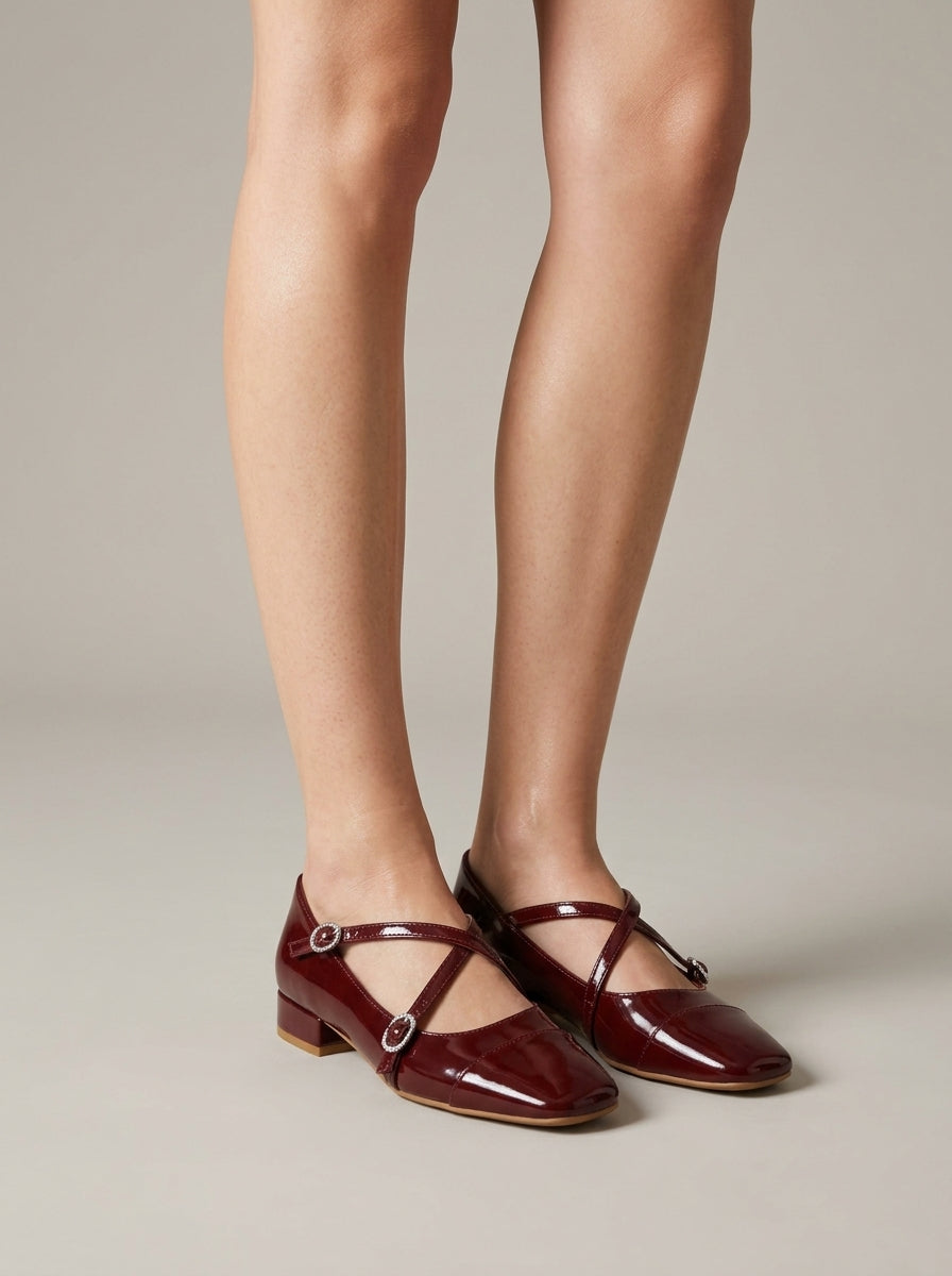 Women's Mary Jane Heels - Cross Strap - Square Toe - Low Block Heel