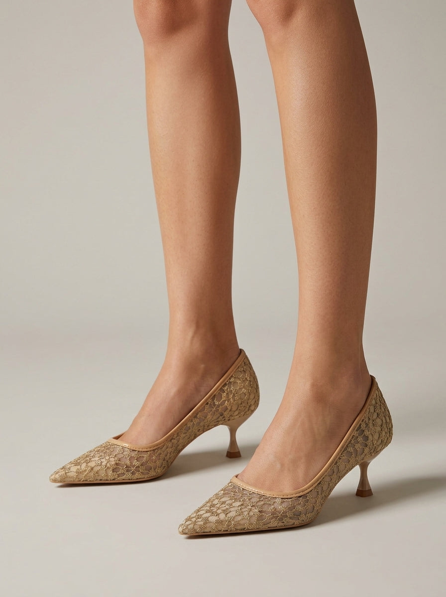 Women's Kitten Heels Pointed Toe Lace Slip-On Pumps