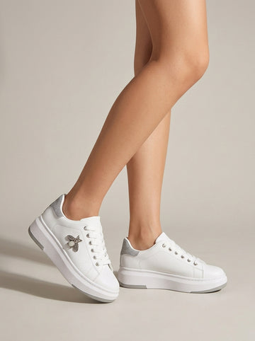 Women's White Lace-Up Platform Trainers with Bee Charm Detail