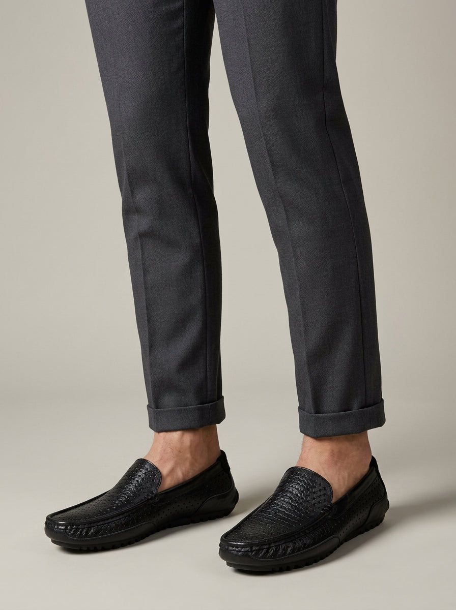 Men’s Leather Slip-On Loafers with Woven Upper and Rounded Toe