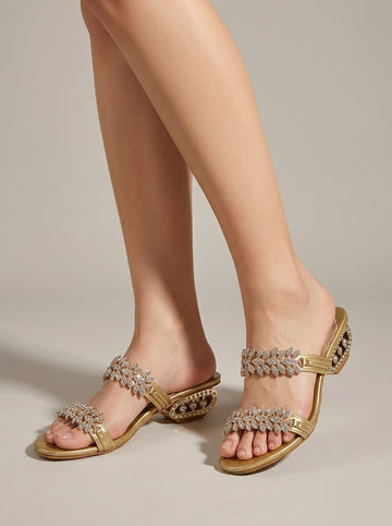 Women's Heels Open-Toe Embellished Strap Block Heel Slide Sandals