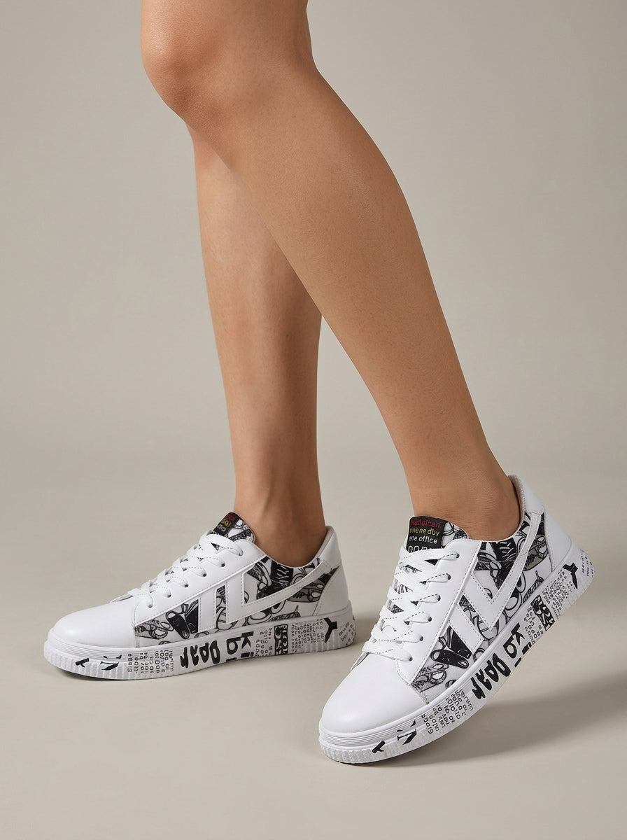 Women's Low-Top Sneakers - Lace-Up - Newspaper Print - Flat Sole
