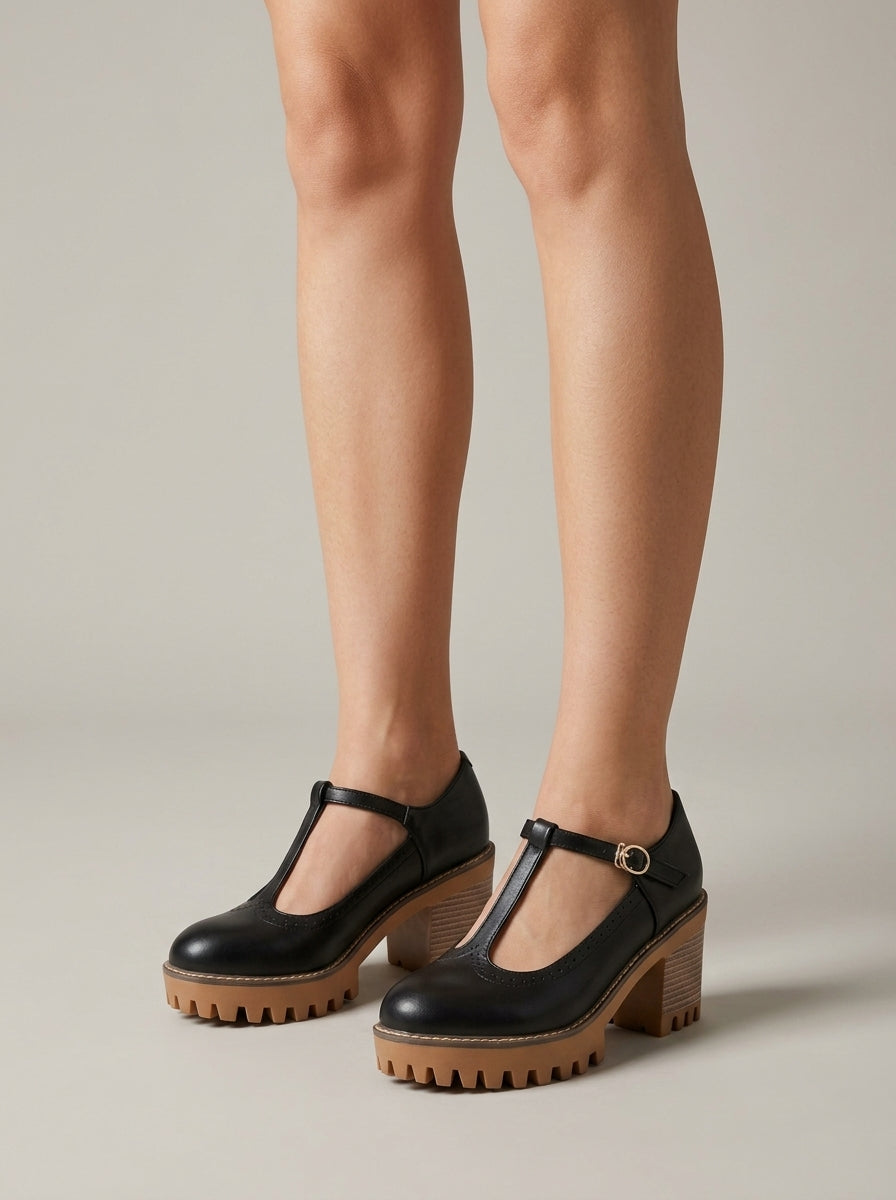 Women's Heels T-Bar Block Heel Brogue Leather Oxford Style