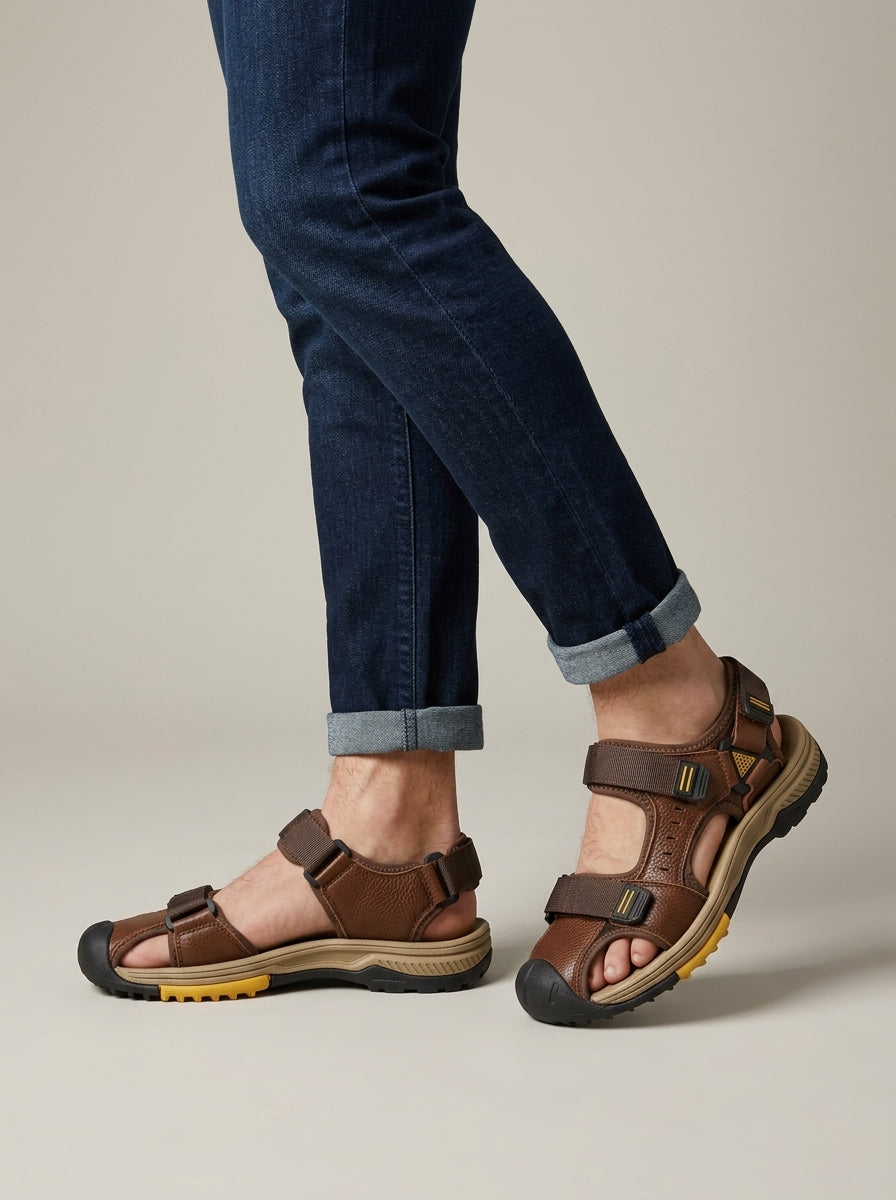Men's Closed-Toe Sport Sandals with Genuine Leather Straps