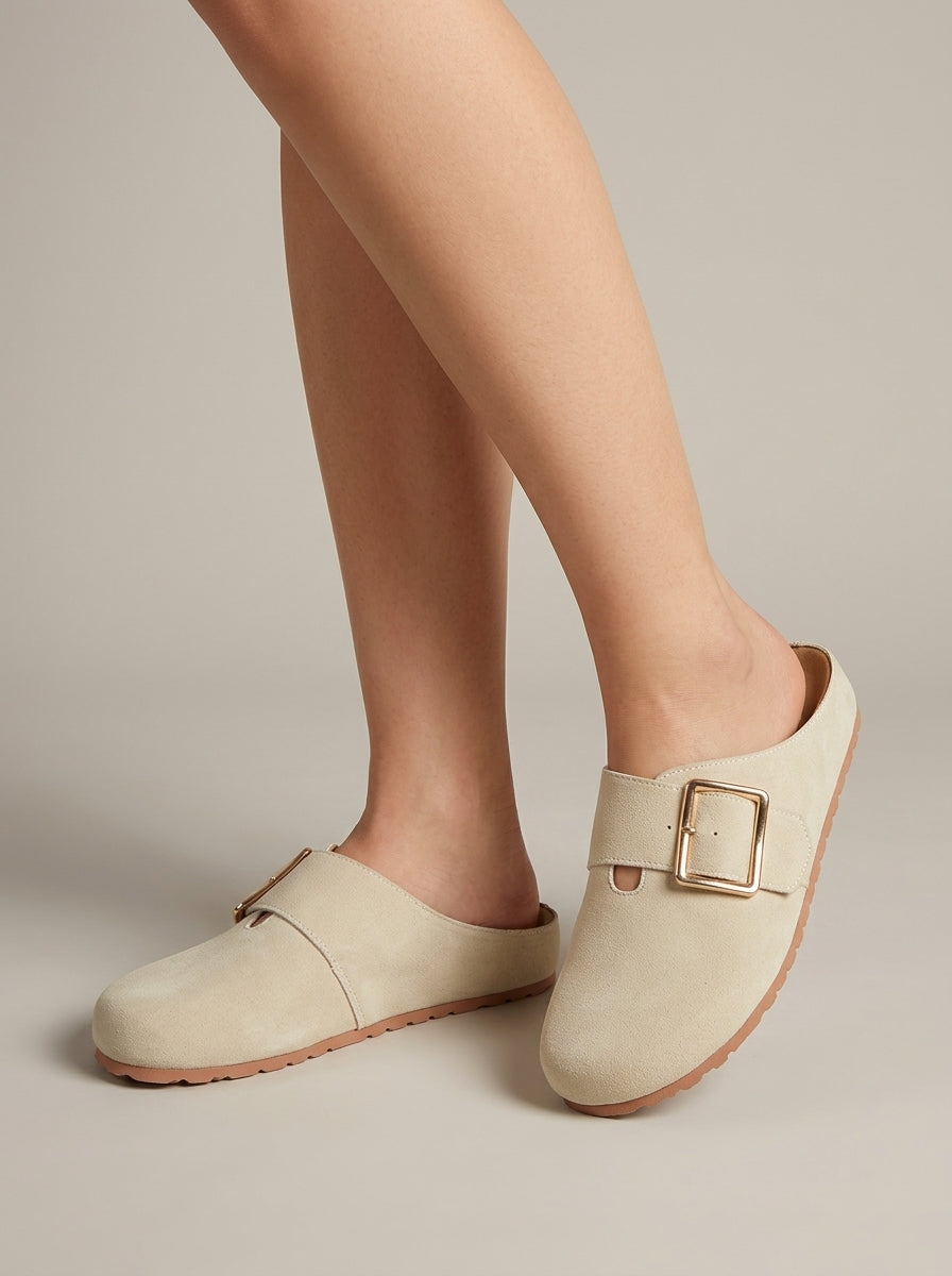 Women's Slip-On Mules Round Toe Buckle Strap Flat Sole