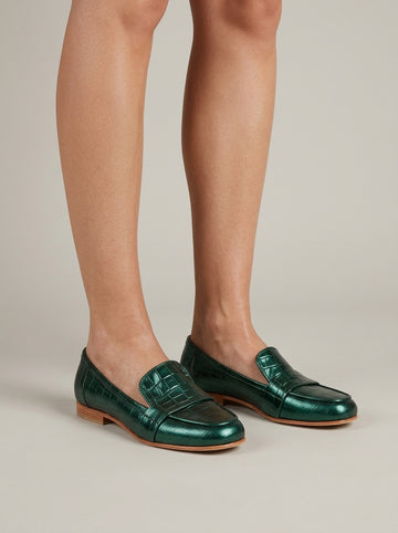 Women's Green Leather Loafers - Penny Loafers - Croc Embossed - Flat