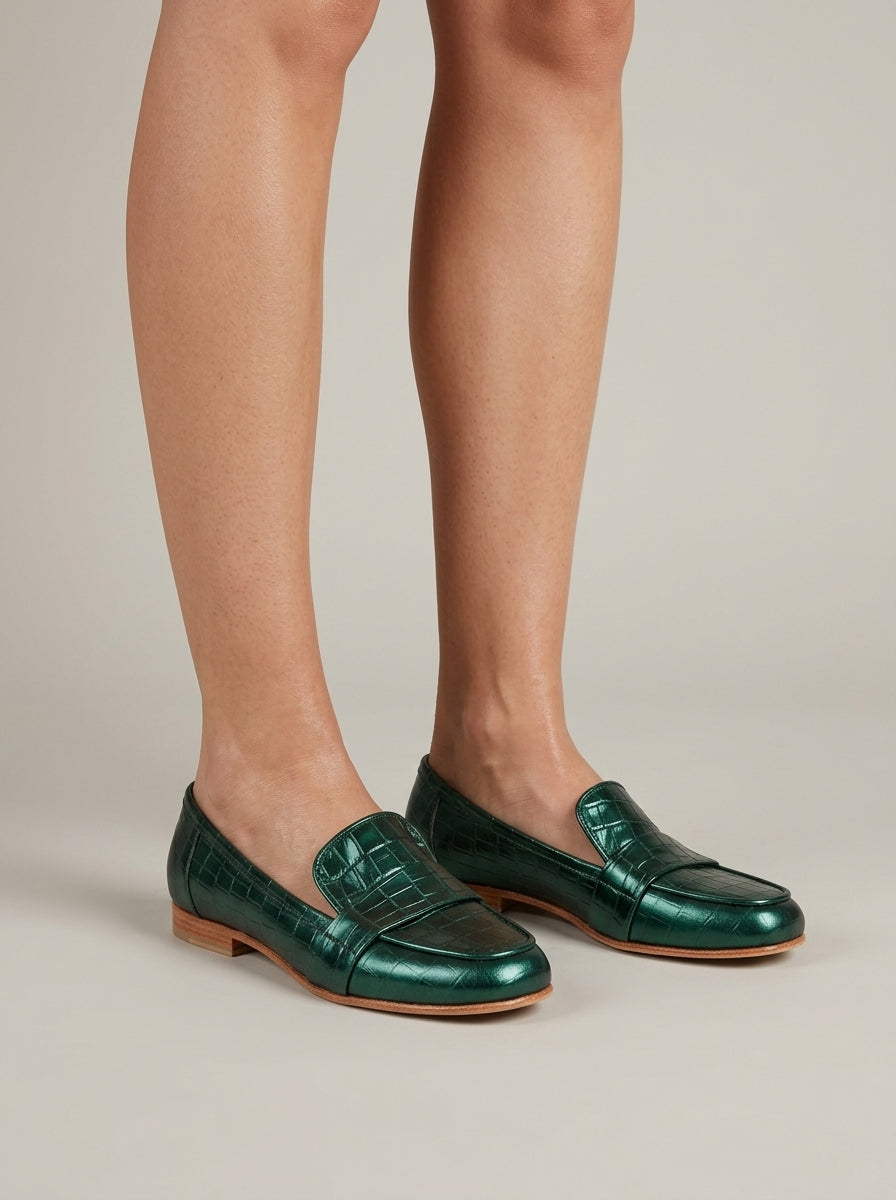 Women's Green Leather Loafers - Penny Loafers - Croc Embossed - Flat