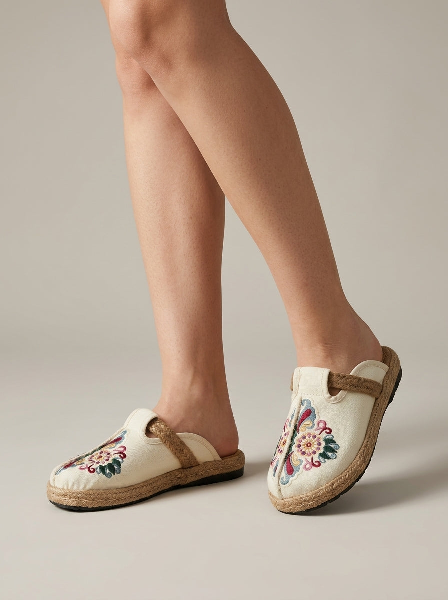 Women's Embroidered Slip-On Mules with Flat Espadrille Sole