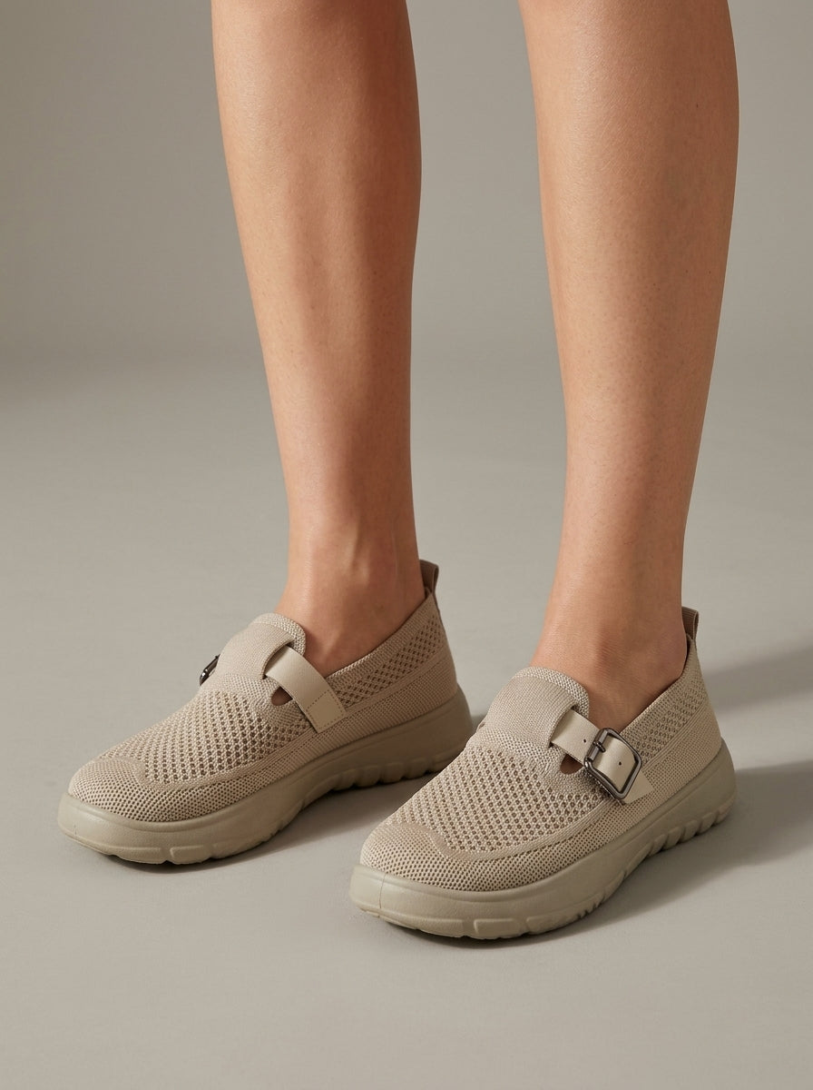 Women's Flats - Mesh Knit Mary Jane Buckle Strap Slip-On