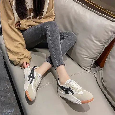 Women's Low-Top Platform Sneakers - Lace-Up Mixed Material Design