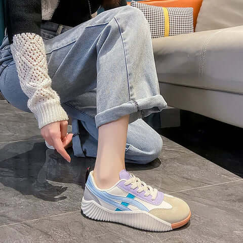 Women's Low-Top Platform Sneakers - Lace-Up Mixed Material Design