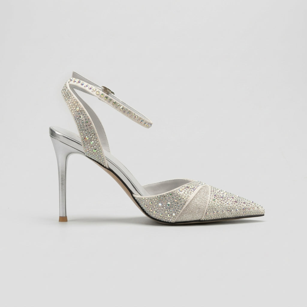 Women’s Pointed Toe High Heel Sandals with Ankle Strap and Rhinestone Embellishment