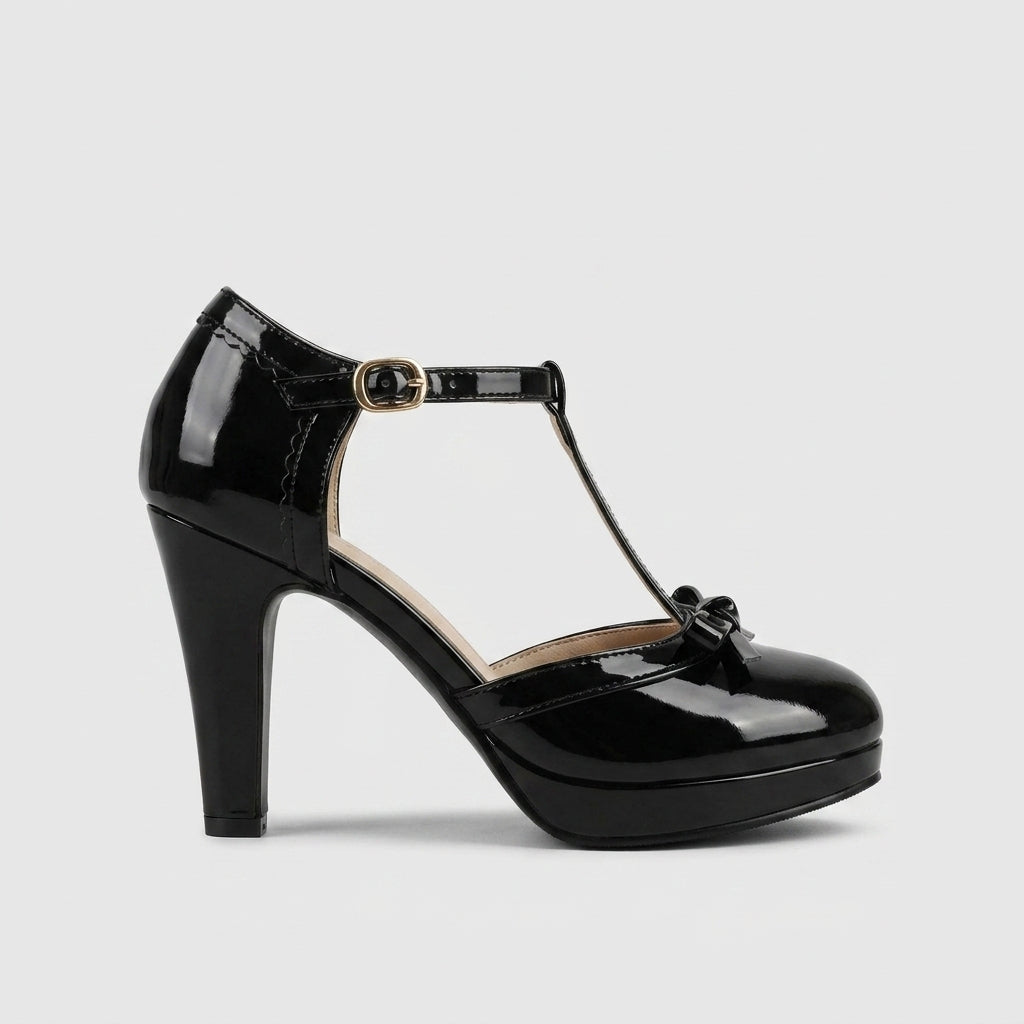 Women’s Rounded Toe T-Strap Heels with Bow Detail - Buckle Closure