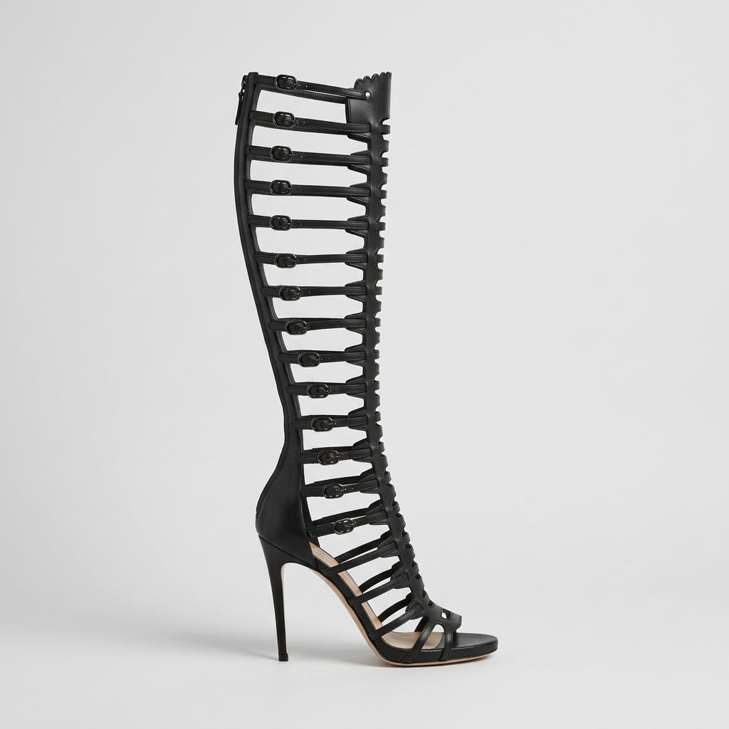 Women's Knee-High Gladiator Heeled Sandals - Open Toe Stiletto Heel