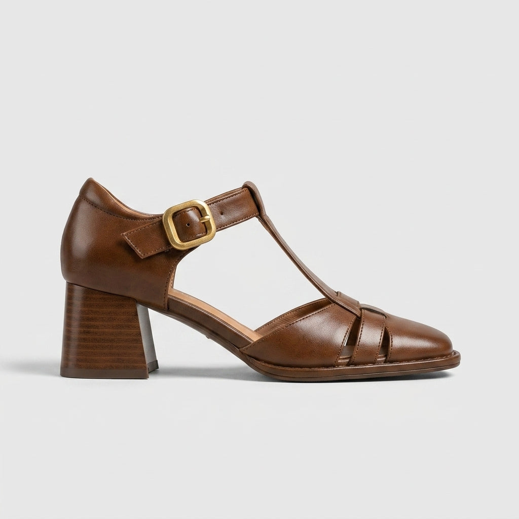 Women's Closed Toe T-Strap Sandals with Woven Vamp and Block Heel Buckle