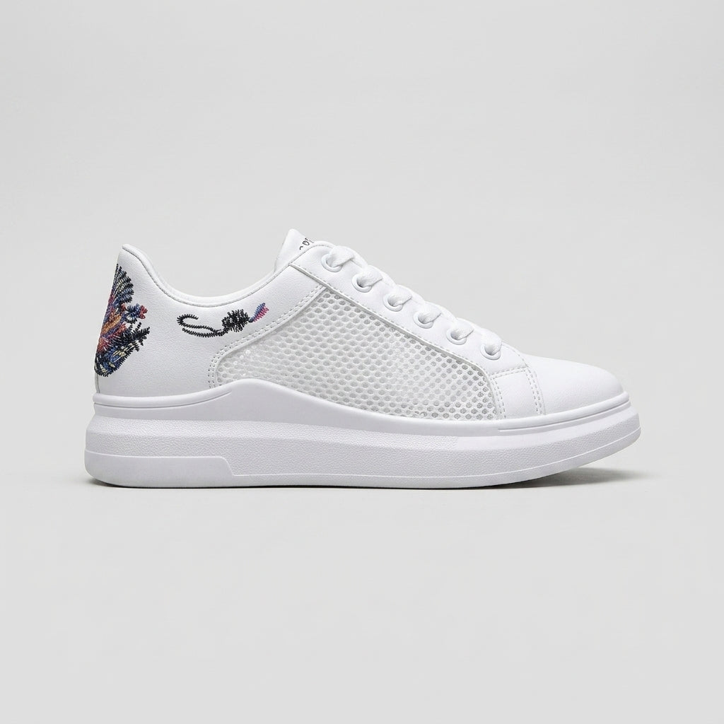Women's White Platform Sneakers Embroidered Floral Low-Top Lace-Up