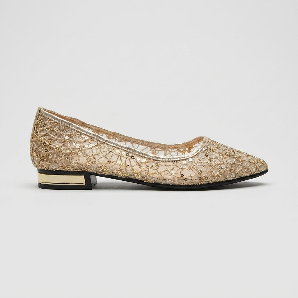 Women's Flats Pointed Toe Lace Embellished Low Block Heel Slip-On