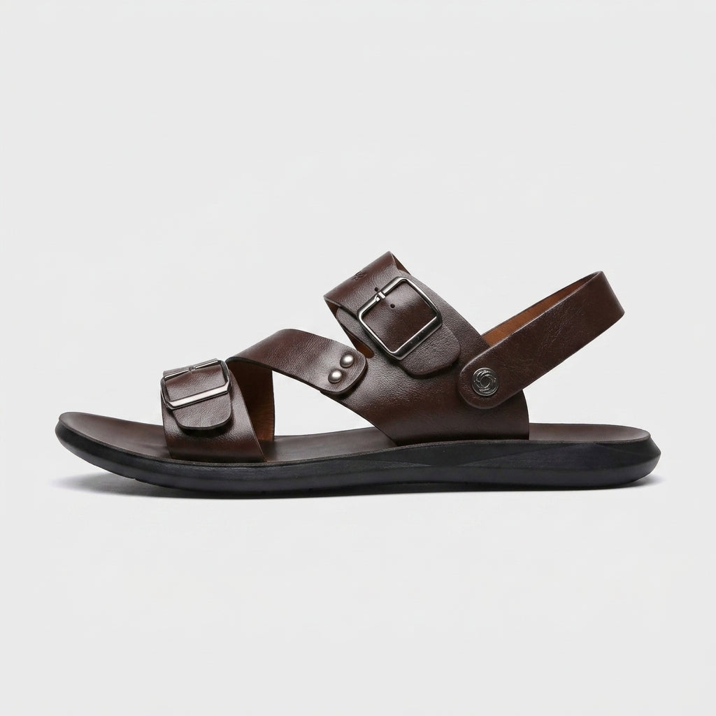 Men's Sandals Leather Dual Buckle Straps Slingback Open-Toe Flat