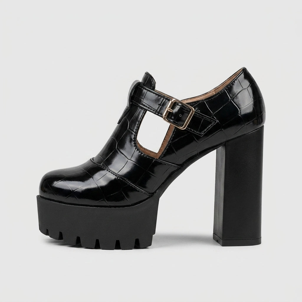 Women's Platform Heels T-Strap Croc-Embossed Mary Jane Block Heel