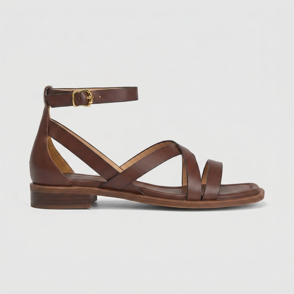 Women's Strappy Leather Sandals - Square Toe - Ankle Strap - Block Heel