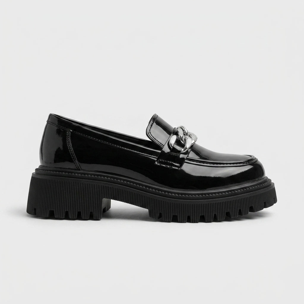 Women's Platform Loafers Slip-On Round Toe Chain Detail