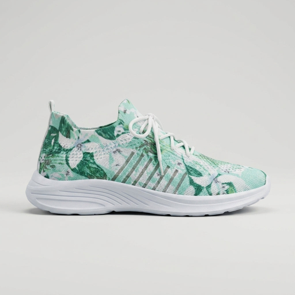 Women's Sneakers - Floral Print Mesh Upper - Lace-Up - Cushioned Sole